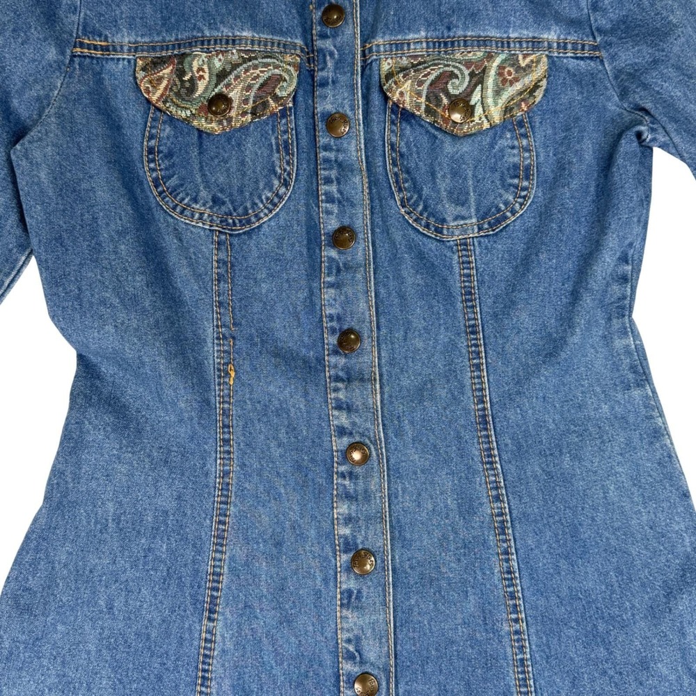 Vintage Paris Blues Denim‎ Maxi Dress Paisley Trim Western Button Front USA  7 - Picture 3 of 14